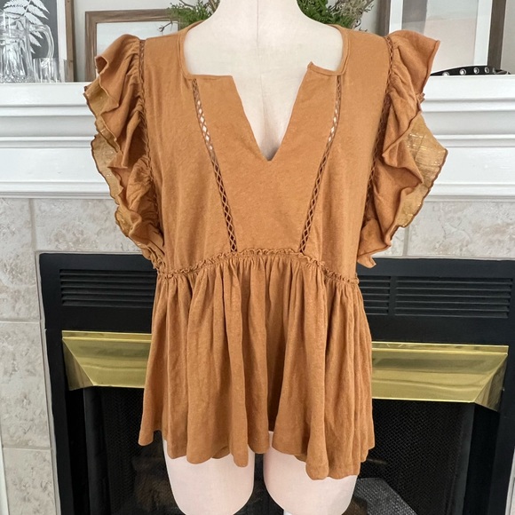 ANTHROPOLOGIE NEW Caroline babydoll flatter sleeve top in honey brown - Picture 5 of 14
